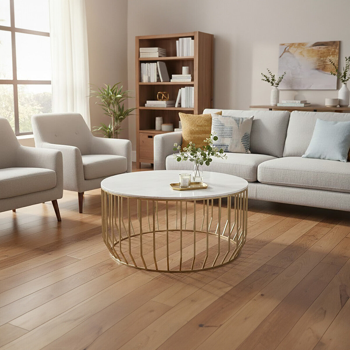White Marble Top Coffee Table with Gold Finish Iron Cage Base, Pali