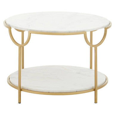 Two-Tier White Marble Top Side Table with Gold Finish Iron Frame | Pali