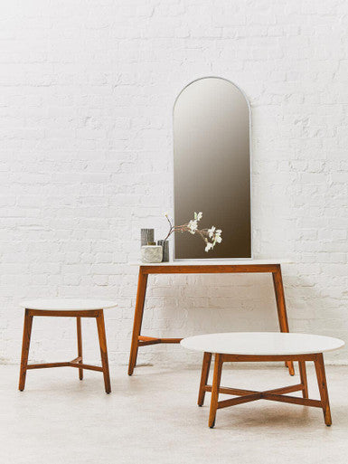 White Marble Top Console Table with Sustainable Acacia Wood Base, Myan