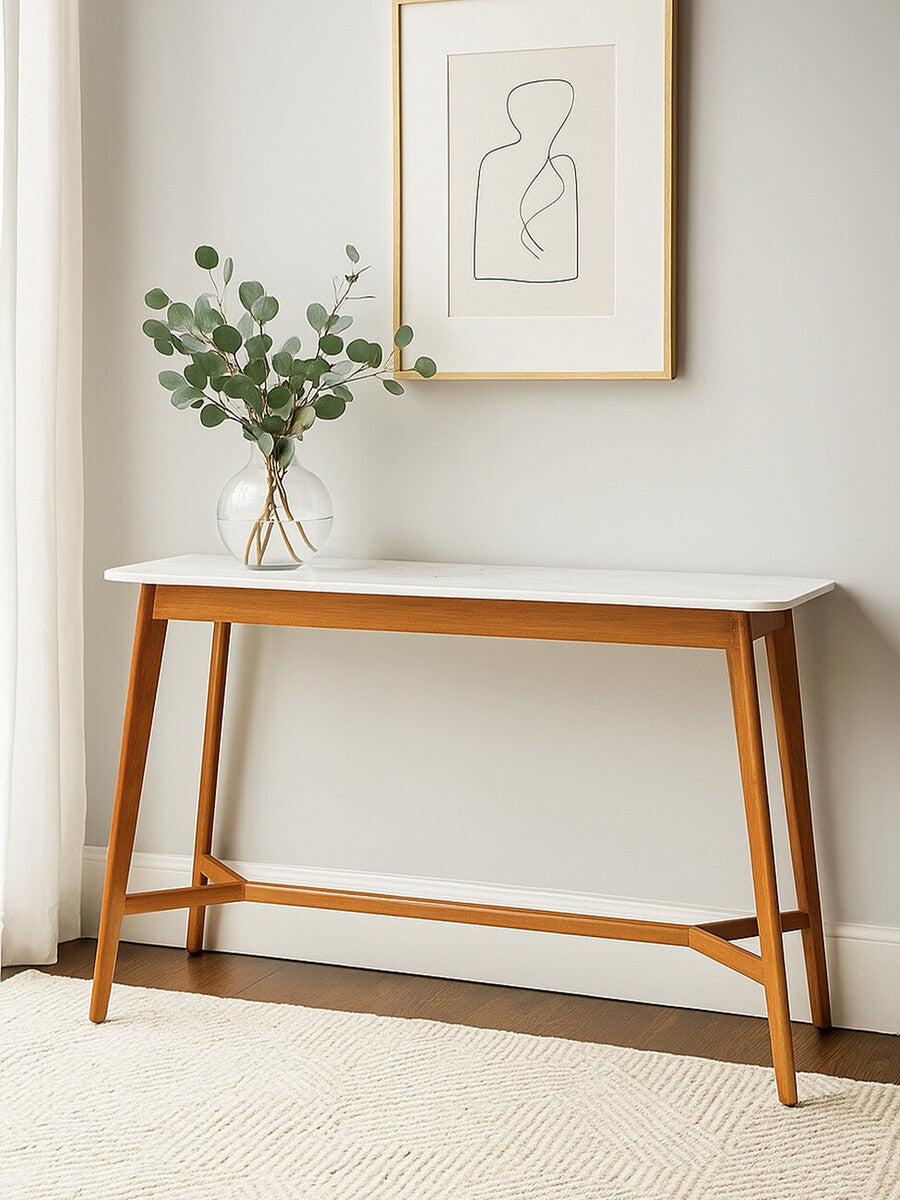 White Marble Top Console Table with Sustainable Acacia Wood Base, Myan