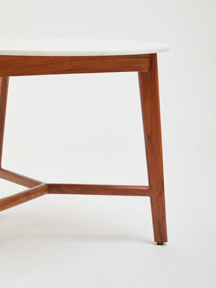 Myan White Marble and Acacia Wood Round Side Table