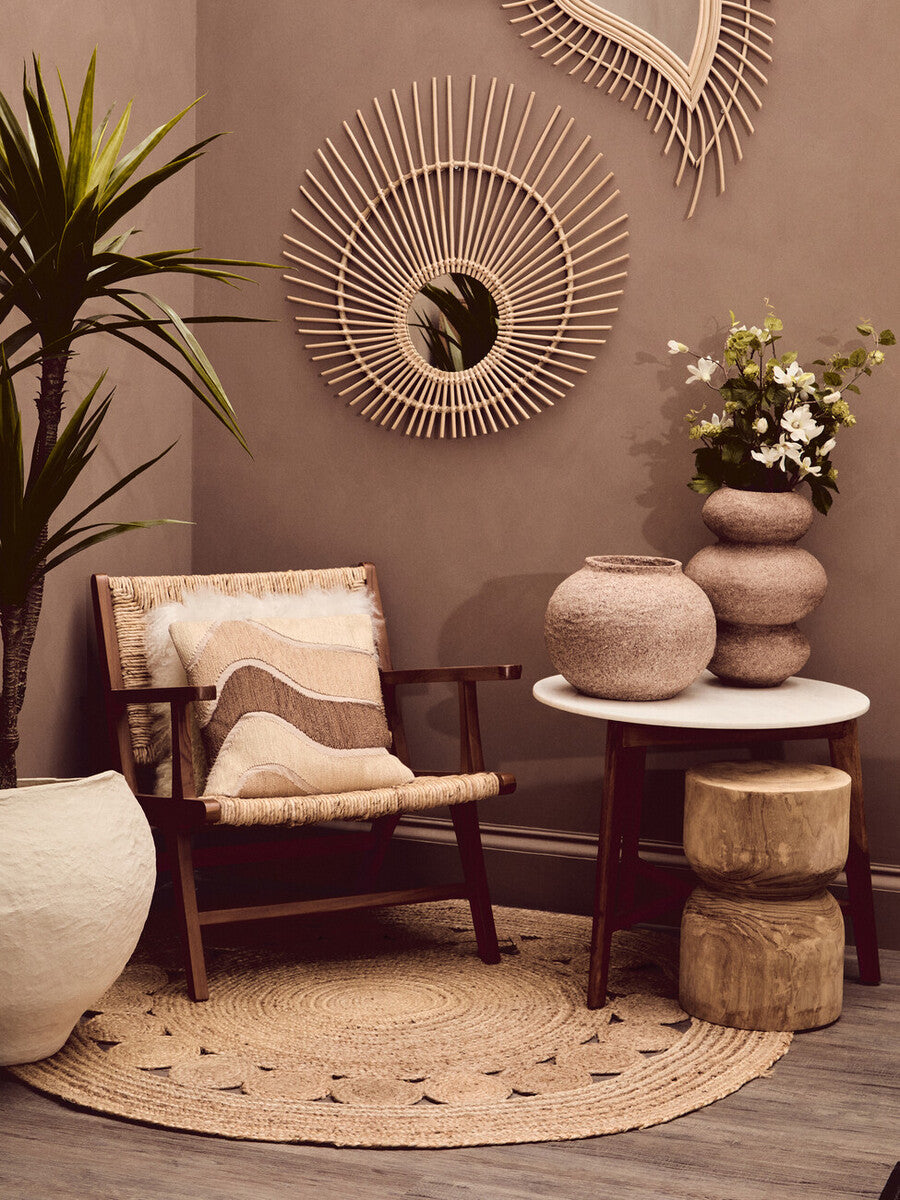 White Marble Top Round Side Table with Sustainable Acacia Wood Base, Myan