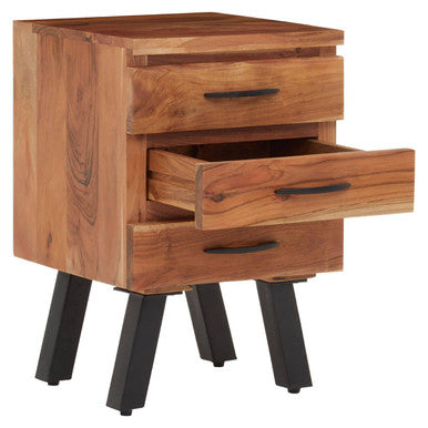 Natural Acacia Wood 3-Drawer Side Table with Black Metallic Legs and Handles, Nashik