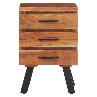 Natural Acacia Wood 3-Drawer Side Table with Black Metallic Legs and Handles, Nashik