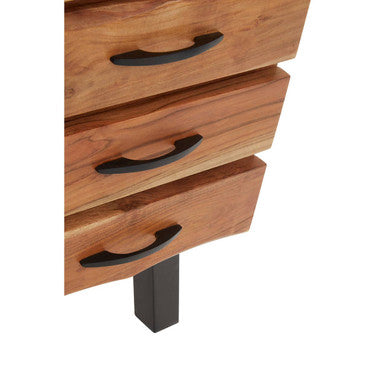 Natural Acacia Wood 3-Drawer Side Table with Black Metallic Legs and Handles, Nashik