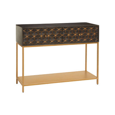 Grey Mango Wood 2-Drawer Console Table with Gold Finish Iron Frame and Lower Shelf, Patna