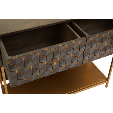 Grey Mango Wood 2-Drawer Console Table with Gold Finish Iron Frame and Lower Shelf, Patna