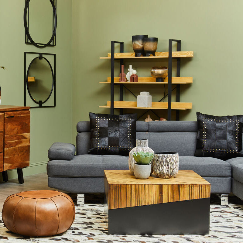 Two Tone Natural Bamboo Square Coffee Table with Dark Ebony Finish Base, Gabor