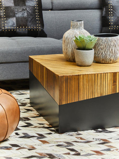 Two Tone Natural Bamboo Square Coffee Table with Dark Ebony Finish Base, Gabor