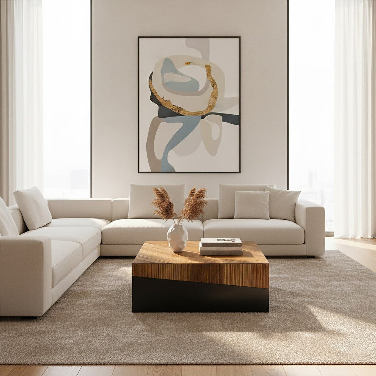 Two Tone Natural Bamboo Square Large Coffee Table with Dark Ebony Finish Base, Gabor