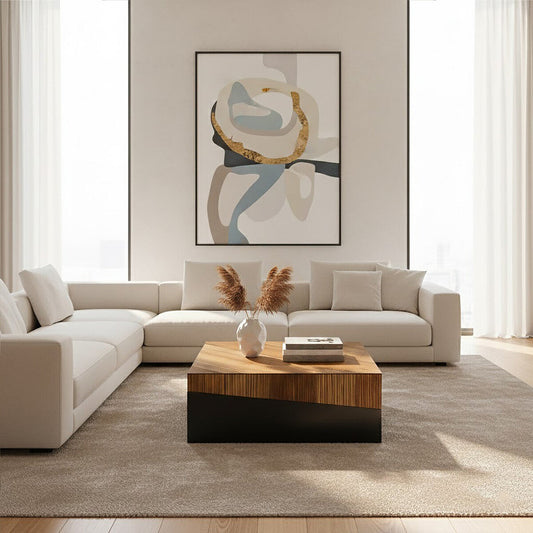 Two Tone Natural Bamboo Square Large Coffee Table with Dark Ebony Finish Base, Gabor