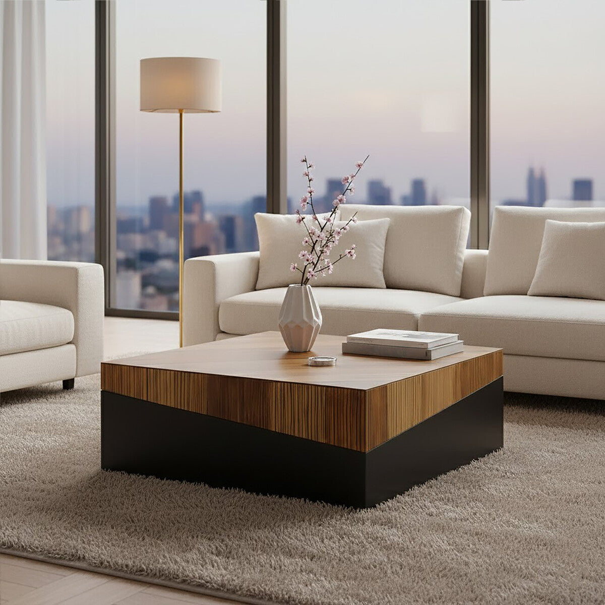Two Tone Natural Bamboo Square Large Coffee Table with Dark Ebony Finish Base, Gabor