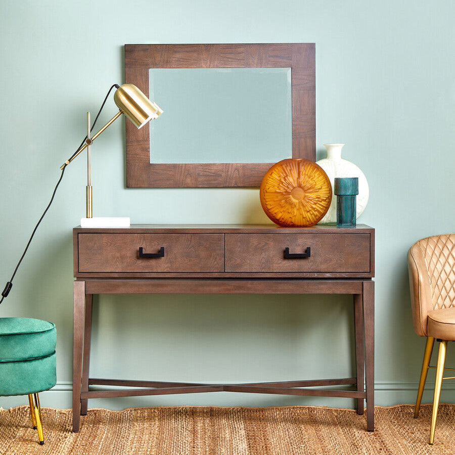 Antique Grey 2-Drawer Console Table with Black Metal Rectangular Handles, Dimaro