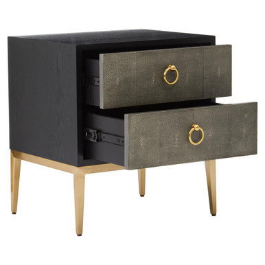 Grey Shagreen Effect 2-Drawer Side Table with Black Top and Gold Metal Legs, Deruta