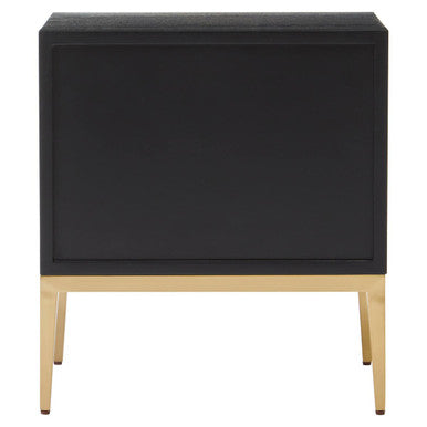 Grey Shagreen Effect 2-Drawer Side Table with Black Top and Gold Metal Legs, Deruta