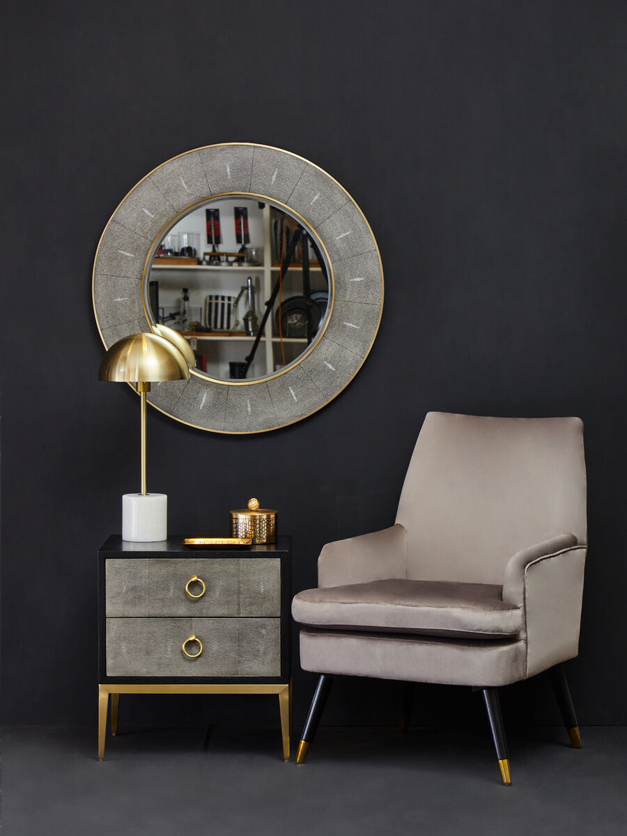Grey Shagreen Effect 2-Drawer Side Table with Black Top and Gold Metal Legs, Deruta