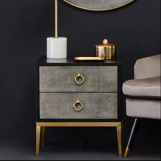 Grey Shagreen Effect 2-Drawer Side Table with Black Top and Gold Metal Legs, Deruta