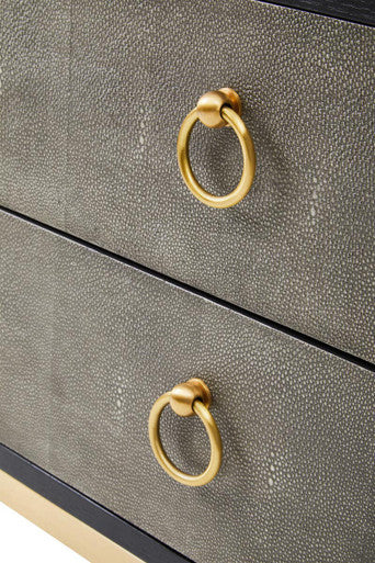 Grey Shagreen Effect 2-Drawer Side Table with Black Top and Gold Metal Legs, Deruta