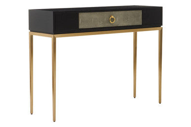 Black Top and Grey Shagreen Effect 1-Drawer Console Table with Gold Metal Legs, Deruta