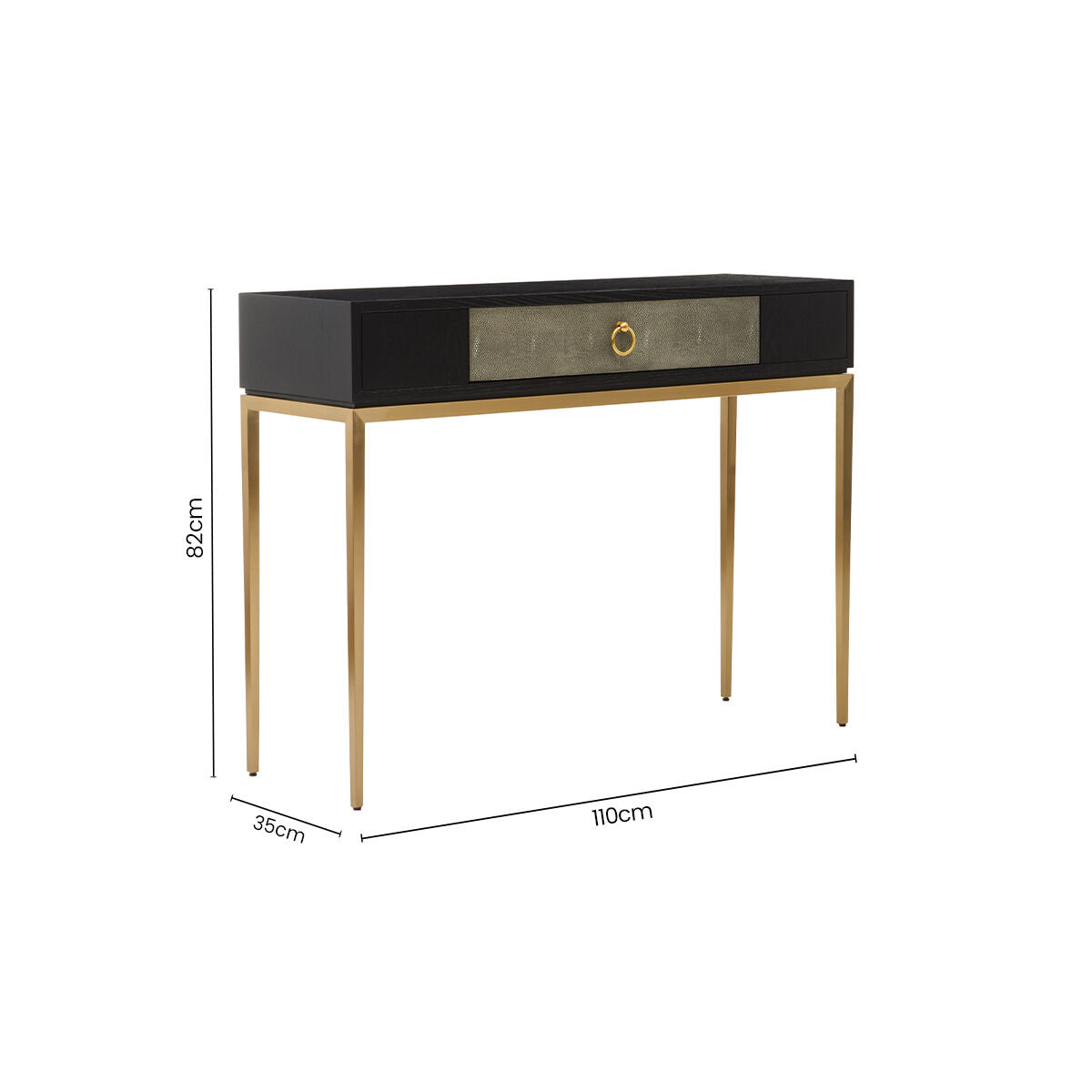 Black Top and Grey Shagreen Effect 1-Drawer Console Table with Gold Metal Legs, Deruta