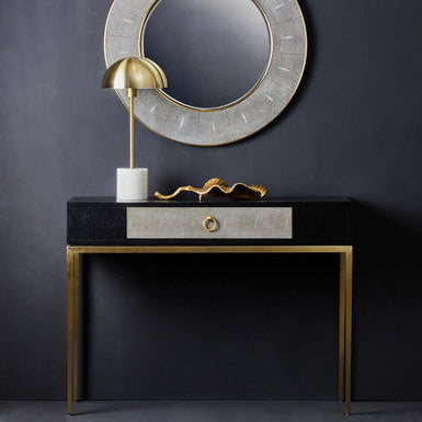 Black Top and Grey Shagreen Effect 1-Drawer Console Table with Gold Metal Legs, Deruta