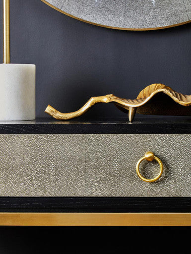 Black Top and Grey Shagreen Effect 1-Drawer Console Table with Gold Metal Legs, Deruta