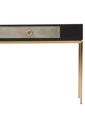 Black Top and Grey Shagreen Effect 1-Drawer Console Table with Gold Metal Legs, Deruta