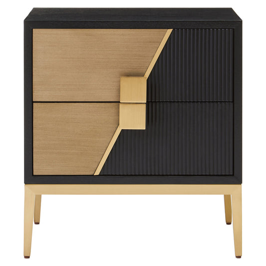 Black Fluted and Natural Grain Diagonal Front 2-Drawer Side Table with Gold Handles, Davoli