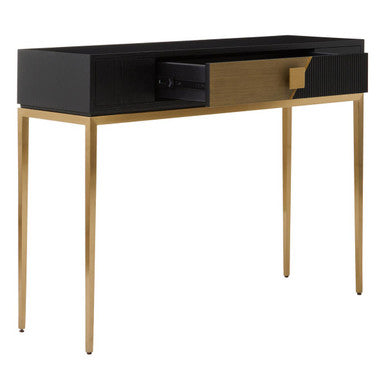 Two-Tone Black Fluted and Grained Console Table with Gold Metal Base and 1 Drawer, Davoli