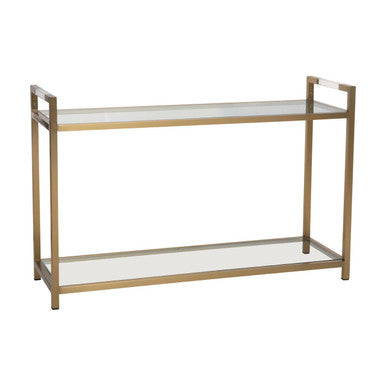 Matte Gold Stainless Steel Console Table with Clear Glass Top and Shelf, Vogue
