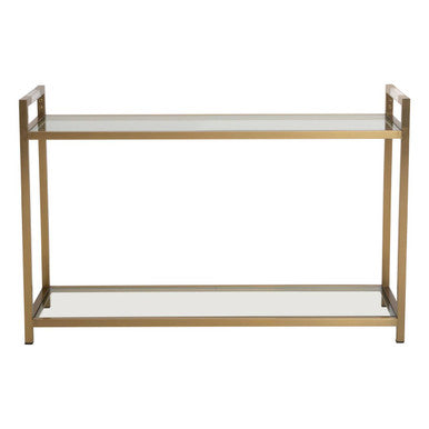 Matte Gold Stainless Steel Console Table with Clear Glass Top and Shelf, Vogue