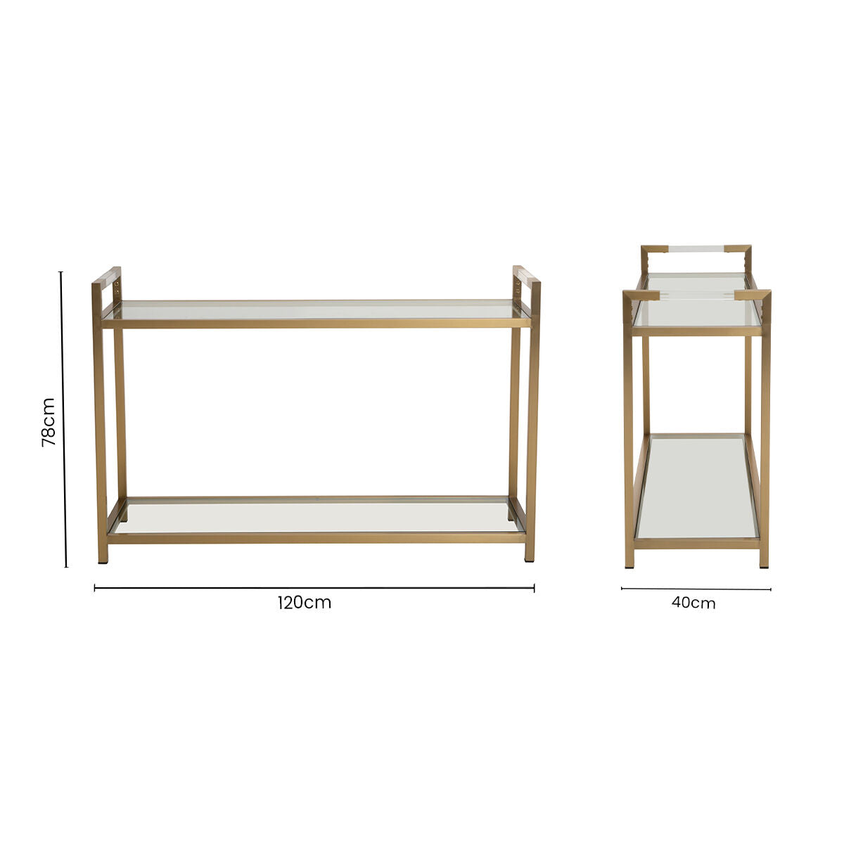 Matte Gold Stainless Steel Console Table with Clear Glass Top and Shelf, Vogue