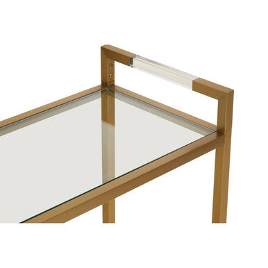 Matte Gold Stainless Steel Console Table with Clear Glass Top and Shelf, Vogue