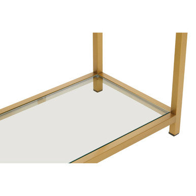 Matte Gold Stainless Steel Console Table with Clear Glass Top and Shelf, Vogue