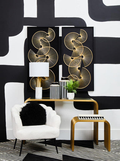 Matte Gold Slatted Console Table with Clear Glass Top, Vogue