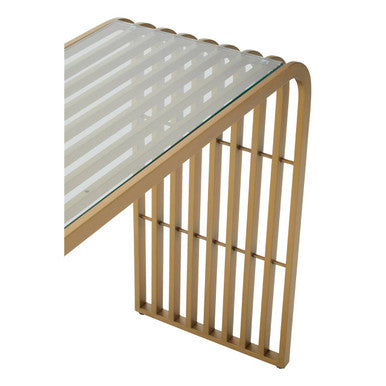 Matte Gold Slatted Console Table with Clear Glass Top, Vogue