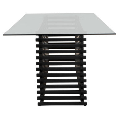 Matte Black Stainless Steel and Clear Glass Rectangular Dining Table with Storage, Vogue