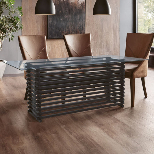 Matte Black Stainless Steel and Clear Glass Rectangular Dining Table with Storage, Vogue