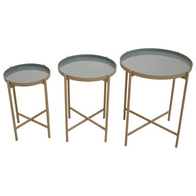 Set of 3 Grey Enamel Top Nesting Ide Tables with Gold Finish X-Base Legs, Corra