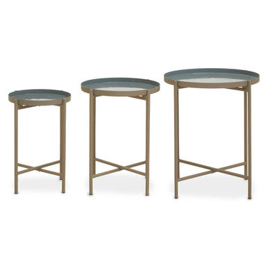 Set of 3 Grey Enamel Top Nesting Side Tables with Gold Finish X-Base Legs | Corra
