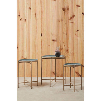 Set of 3 Grey Enamel Top Nesting Ide Tables with Gold Finish X-Base Legs, Corra