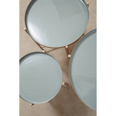 Set of 3 Grey Enamel Top Nesting Ide Tables with Gold Finish X-Base Legs, Corra