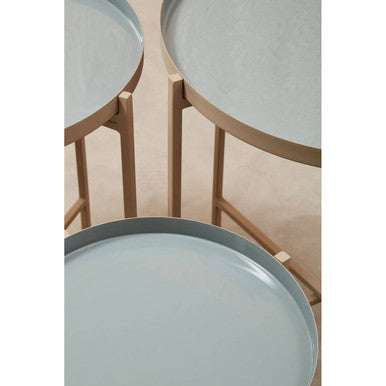 Set of 3 Grey Enamel Top Nesting Ide Tables with Gold Finish X-Base Legs, Corra