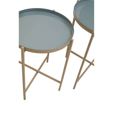 Set of 3 Grey Enamel Top Nesting Ide Tables with Gold Finish X-Base Legs, Corra