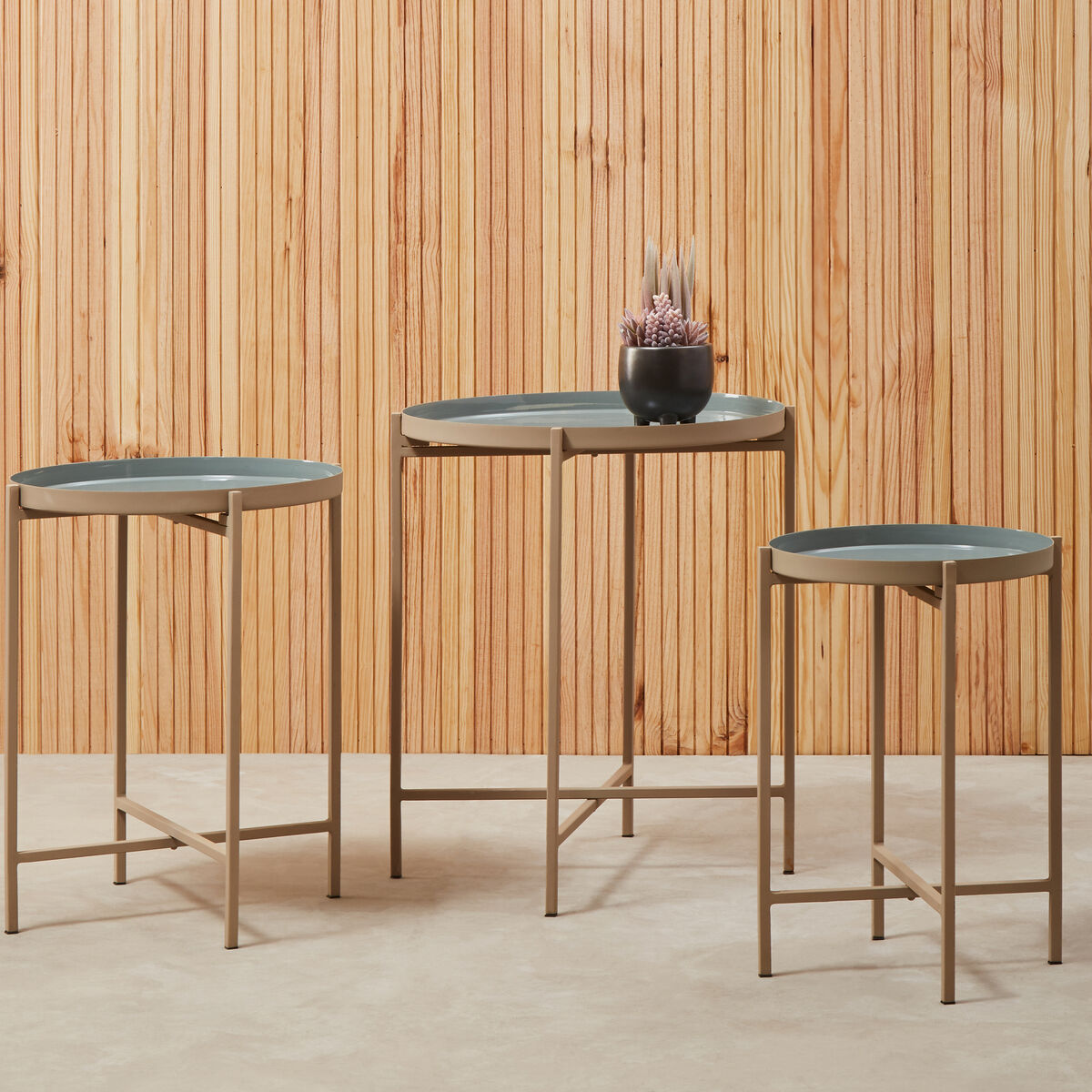 Set of 3 Grey Enamel Top Nesting Ide Tables with Gold Finish X-Base Legs, Corra