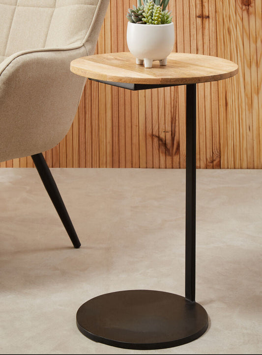 Natural Round Wooden Top C-Shaped Side Table Black Metal Base | Corra