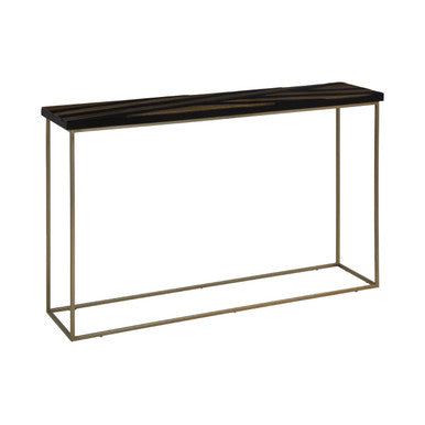 Aris Black and Gold Striped Acacia Wood Console Table with Interconnected Metal Legs, Aris