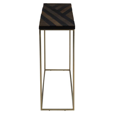 Aris Black and Gold Striped Acacia Wood Console Table with Interconnected Metal Legs, Aris