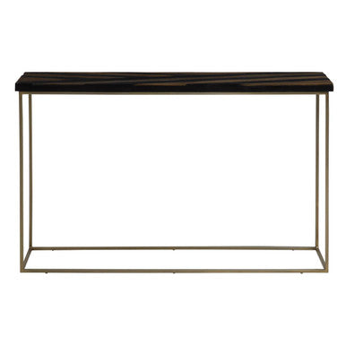 Aris Black and Gold Striped Acacia Wood Console Table with Interconnected Metal Legs, Aris