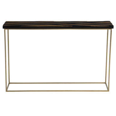 Aris Black and Gold Striped Acacia Wood Console Table with Interconnected Metal Legs, Aris